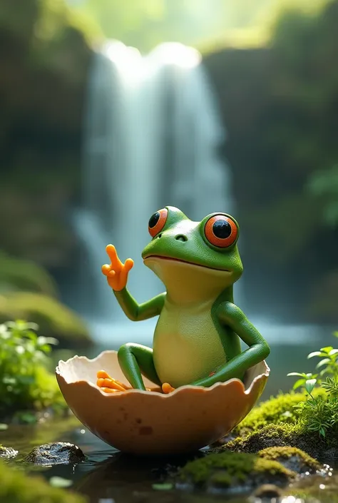  A frog sitting on its back with one arm pointing to the sky and one to the earth.  The frog is sitting on half an open eggshell , in front of a waterfall from a spring in a wooded environment .