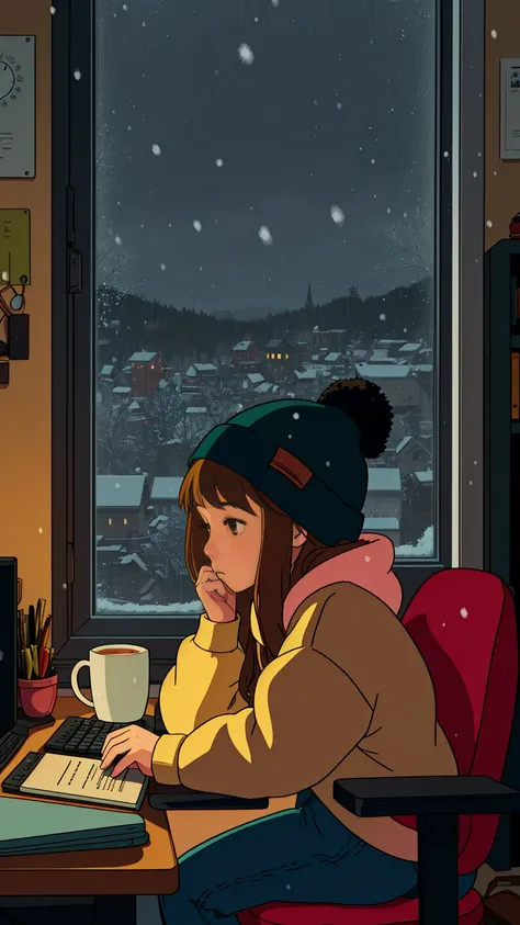 a lofi-style girl at a desk this a computer facing a window studying, snowing, morning clock, mug of coffee next to computer, girl wearing warm clothes in cold weather, in cold weather socks and beanie, cute cat is by her side while she studies, relaxing e...