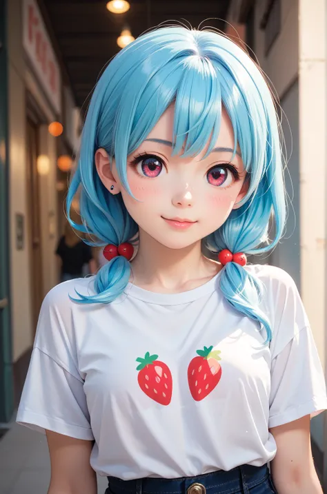 irl with short light blue hair , anime girl cute,kawaii,cutecore, lover strawberry chibi animated
