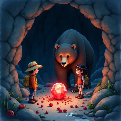  a  girl and a  boy the boy is wearing a hat and backpack and the girl with curly hair and backpack are in a dark and rocky cave,  with a bear blocking the path to the red diamond .  The boy places fruits to distract the bear , while La Niña observes cauti...