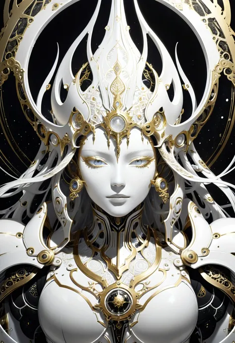 a close up of a deity with a white and black biomechanical body, black and white void space, exquisite mix of magic and science, white biomechanical details, gold tracing around some armor pieces, great character design, white biomechanical details, white ...