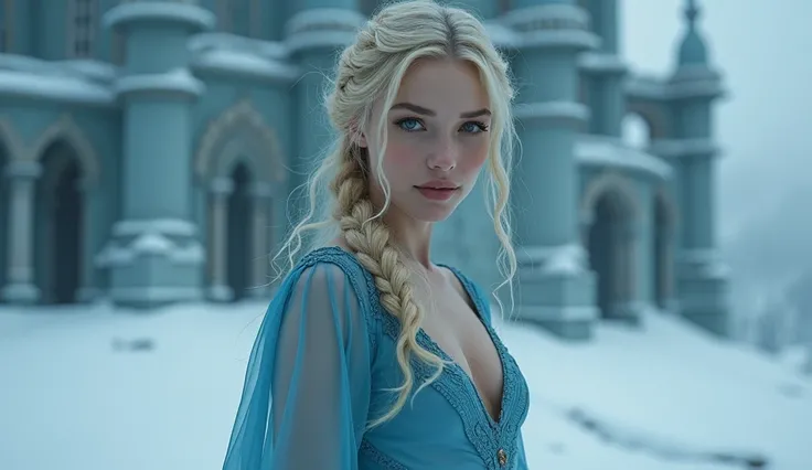  A beautiful young woman with braided blond hair is standing looking straight ahead .  She has an evil eye and an evil smile .  She wears a baby blue dress with a slightly transparent bluish cape on her back. She has the characteristics of a villain .  The...