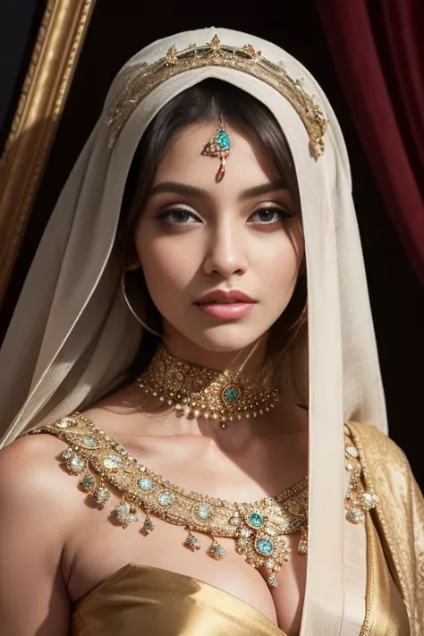 ((Masterpiece)), ((Captivating)), (((Extraordinary and Phenomenal creations)), ((Sophisticated and Enchanting portrait)),

A full body portrait of an Arabian queen, radiant and breathtaking, adorned in exquisite jewels and finery. Her pretty features, fram...