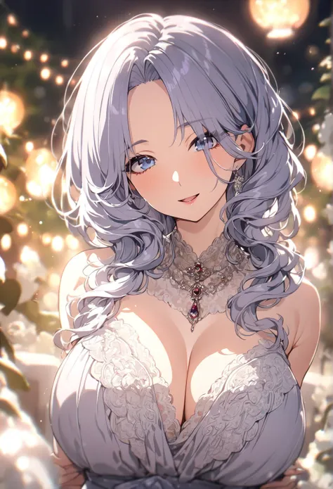 ((best quality)), ((masterpiece)), (detailed), (1girl), housewife, big breast, blue-silver hair with delicate strands falling gently onto her face, parted bangs, ((mature woman)), mother with blue-silver eyes, open mouth, happy smile, looking at the viewer...