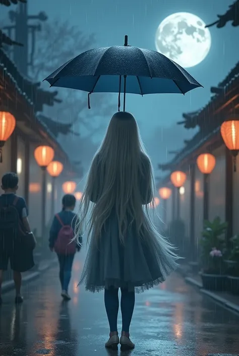 On the rainy playground, the girl hit the umbrella above her head, and held an umbrella in her other hand, blue denim leggings, masterpiece superb night moon full moon 1 female mature woman, Chinese sister royal sister cold face showing silver white long h...