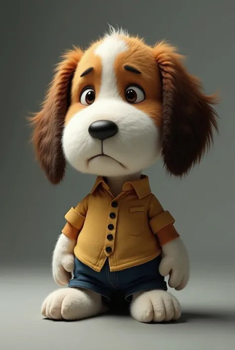 Create me images of a sad pensive Snoopy puppy that Snoopy has pants and a shirt that is very real, beautiful and has beautiful eyes