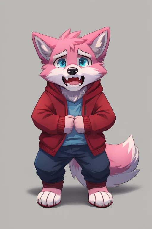 Anthropomorphic furry male wolf with pink fur looking at paws scared with clothes on