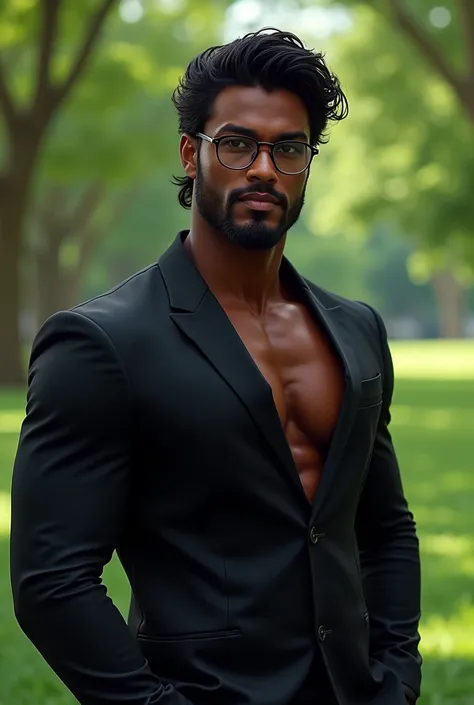 A dark-skinned man ,Black suit, inviting, bodybuilder,  wavy black hair , thin glasses, bushy eyebrows,  filet nose , thin lips,very sparse beard ,  seductive smile, master piece ,  standing behind an open park.