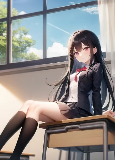  black hair、 straight long、Small breasts、 school uniform、classroom