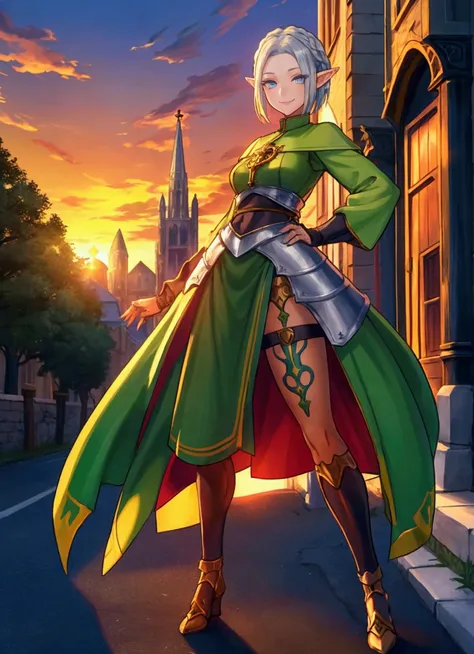 The background is a sunset sunset 、 Medieval Streetscape 、cathedral、Full body painting、 dynamic pose, battle scene, character （Green clothing、Rinwell style braided silver short hair,  pointed ears、Elf、 blue eyes、 Rough Outfit 、 long lashes,smile、Mr.々Expres...