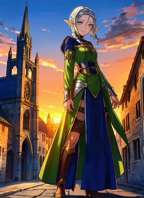 The background is a sunset sunset 、 Medieval Streetscape 、cathedral、Full body painting、 dynamic pose, battle scene, character （Green clothing、Rinwell style braided silver short hair,  pointed ears、Elf、 blue eyes、 Rough Outfit 、 long lashes,smile、Mr.々Expres...