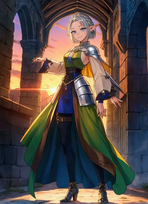 The background is a sunset sunset 、 Medieval Streetscape 、cathedral、Full body painting、 dynamic pose, battle scene, character （Green clothing、Rinwell style braided silver short hair,  pointed ears、Elf、 blue eyes、 Rough Outfit 、 long lashes,smile、Mr.々Expres...