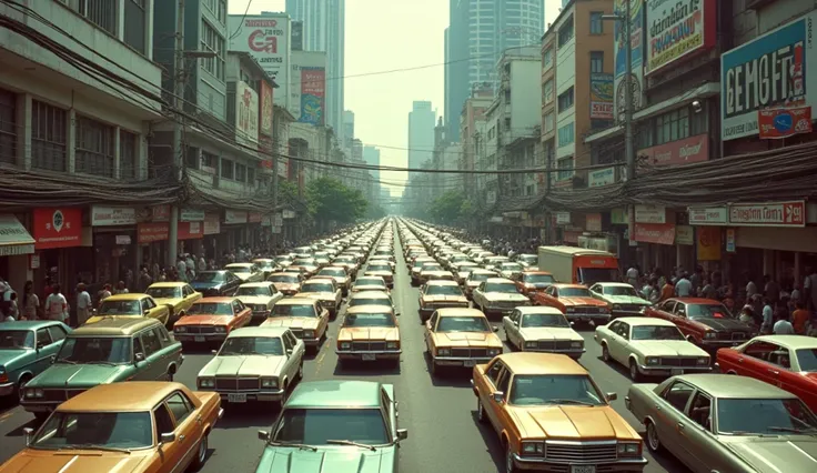 The lines of standstill vehicles during a traffic jam on a business street, modern downtown, in 1970 Bangkok. Natural daylight, High realism. Long shot.