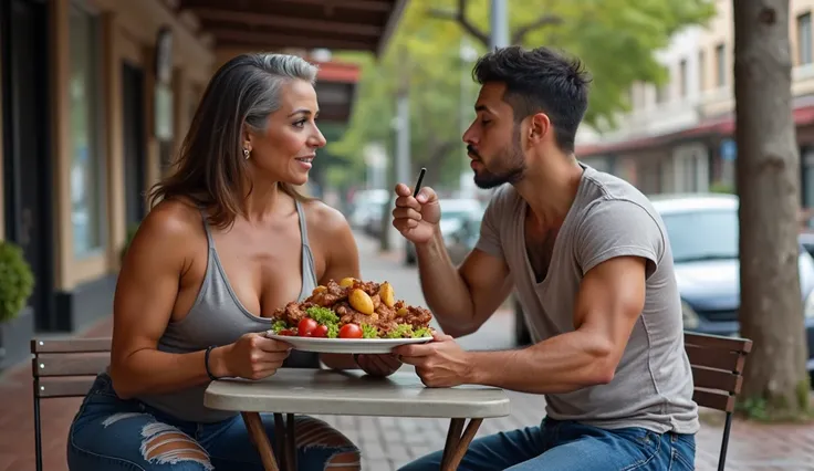  On a typical street in Montevideo , uruguay,  Valeria Fernández ,  extremely muscular and tall woman of 53 years old ,  she is sitting at an outdoor table eating a huge plate full of roasted meat , papas, and salad.  She wears a tight sleeveless top that ...