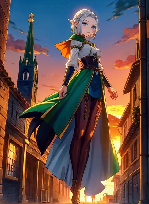 The background is a sunset sunset 、 Medieval Streetscape 、cathedral、Full body painting、 dynamic pose, battle scene, character （Green clothing、Rinwell style braided silver short hair,  pointed ears、Elf、 blue eyes、 Rough Outfit 、 long lashes,smile、Mr.々Expres...