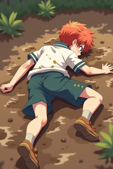 The ass of an anime boy lying on the floor full of mud