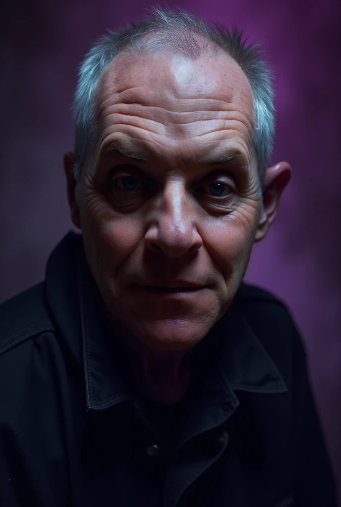 Man 50 years old,  almost bald gray hair with white reflections blue eyes , Gloomy ,  terrifying , (  purple backlight ) Only close up face has no beard 