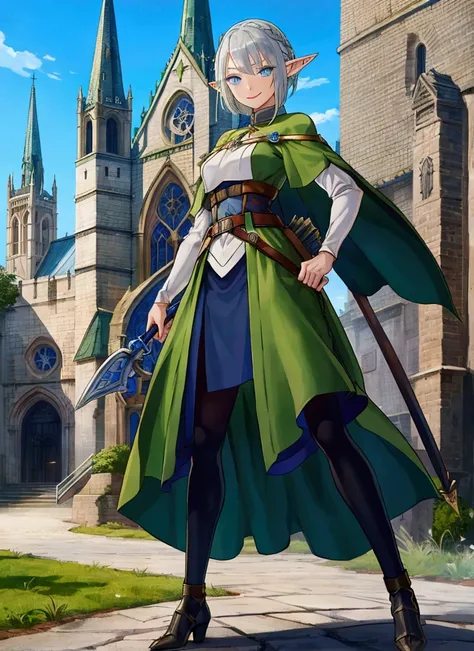  Medieval Streetscape 、cathedral、Full body painting、 dynamic pose, battle scene, character （Green clothing、Rinwell style braided silver short hair,  pointed ears、Elf、 blue eyes、 Rough Outfit 、 long lashes,smile、Mr.々Expression）