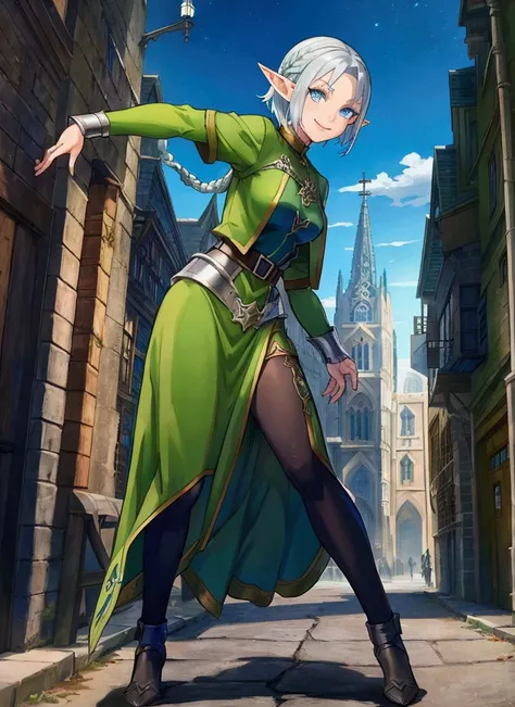  Medieval Streetscape 、cathedral、Full body painting、 dynamic pose, battle scene, character （Green clothing、Rinwell style braided silver short hair,  pointed ears、Elf、 blue eyes、 Rough Outfit 、 long lashes,smile、Mr.々Expression）