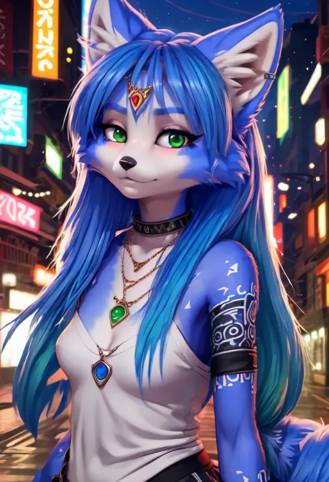 a picture of ((krystal)), Star Fox-Krystal, lovable, green eyes, (((  Long blue hair 1  .3))), Decollete, anthro, blurred, detaillierter Fluffys fiel,  detailed face, (Fluffy)  1 girl, ,woman, Goth, green eyes, undercut, ultra-realistic 8k cg ,  masterpiec...