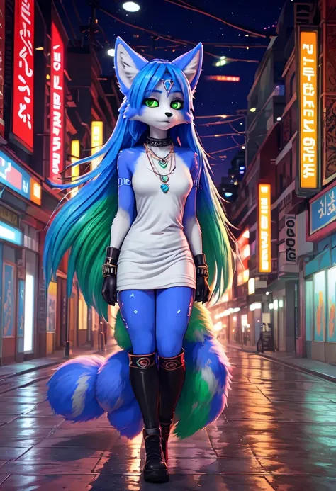 a picture of ((krystal)), Star Fox-Krystal, lovable, green eyes, (((  Long blue hair 1  .3))), Decollete, anthro, blurred, detaillierter Fluffys fiel,  detailed face, (Fluffy)  1 girl, ,woman, Goth, green eyes, undercut, ultra-realistic 8k cg ,  masterpiec...