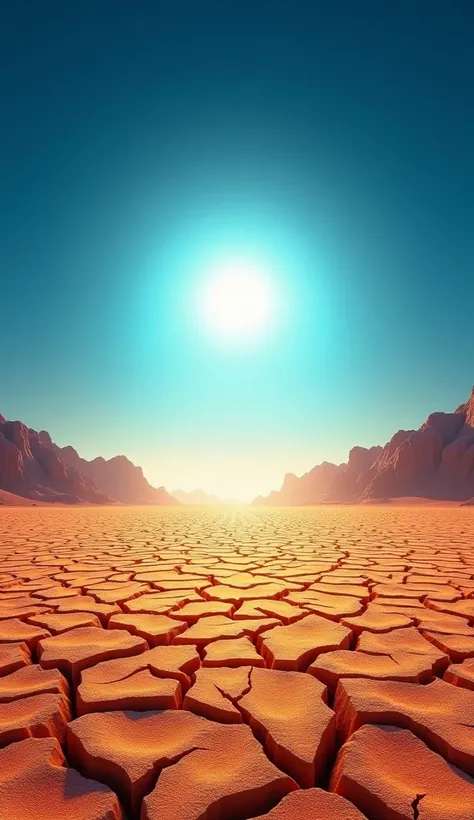 A vast, sun-scorched desert landscape under an intense blue sky. The ground appears cracked and parched, radiating heat waves. In the distance, rocky hills shimmer under the blazing sun, capturing the essence of an otherworldly and mysterious atmosphere.
