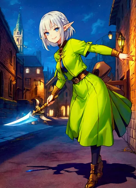 ゲームの表紙のような battle scene、 Medieval Streetscape 、cathedral、Full body painting、 dynamic pose, battle scene, character （Green clothing、Rinwell style braided silver short hair,  pointed ears、Elf、 blue eyes、 Rough Outfit 、 long lashes,smile、Mr.々Expression）