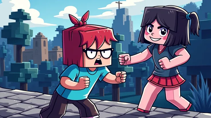 Make a cartoon Minecraft cartoon :  Cruel and evil girl is in love with the nerdy boy ( make them with square heads and square arms ) 