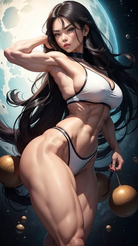 Busty asian Katsuko, bodybuilder muscles, enormous breasts, long black hair, tight white bikini, strong muscle legs, strong calf, hard abs, piercing eyes, slim face, space background