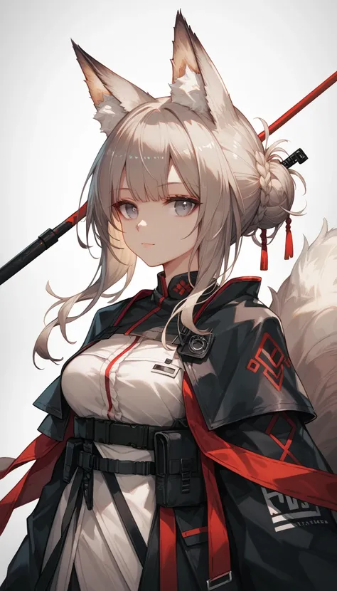 1 girl, solo, front view, reference pose, arms angled downwards, Arknights style, color scheme is black and red and white, grey eyes, fluffy fox ears and a fluffy fox tail