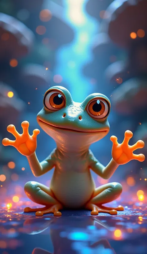 cute frog, cartoon, arms, legs, hands, cute eyes, looking at viewer, arms up, inside a giant kaleidoscope background, glowing skin, reflex, colorful 