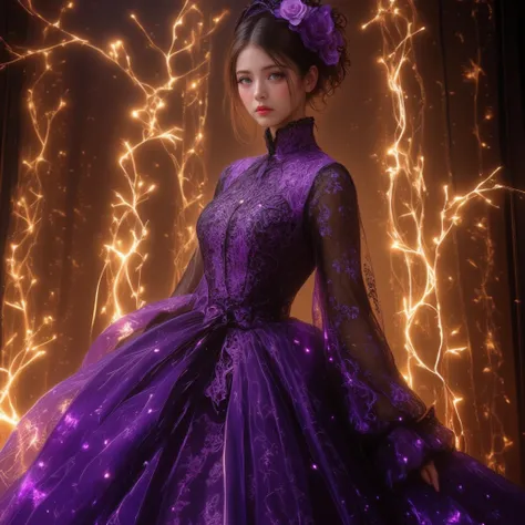 A majestic portrait of a woman wearing a flowing, deep purple dress adorned with intricate Gothic patterns and lace-like embroidery. The dress features a dramatic design, with sheer sleeves and delicate details that emphasize elegance. The background showc...