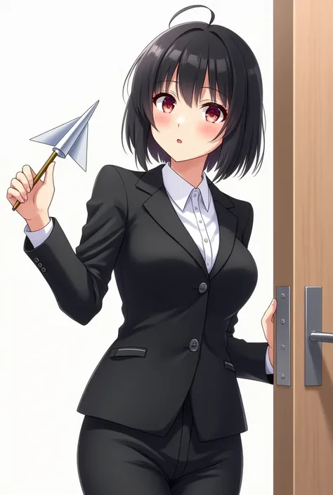 
 anime woman in a black business suit with a white shirt,  black hair bob and red eyes caught a paper plane with her hand,  pencil with his lips on a white background, holds the door and goes to the office 