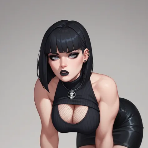 (masterpiece), best quality, expressive eyes, perfect face, goth, tall, futanari, skirt, cock hanging from under skirt, Turtleneck, cleavage, bob cut, pale, bored, gray eyes, cumming black cum, black cum, sweater, fishnet, sleeveless, black lips, eyeliner,...