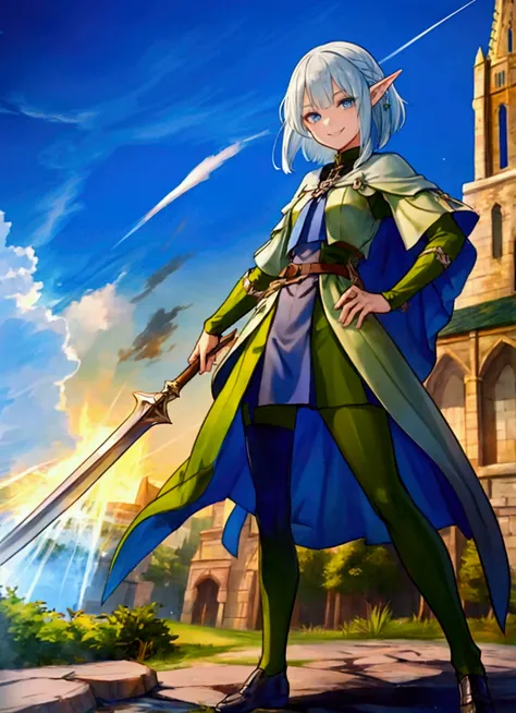 ゲームの表紙のような battle scene、 Raging Weather 、Blue and green contrast、 Medieval Streetscape 、cathedral、Full body painting、 dynamic pose, battle scene, character （Green clothing、Rinwell style braided silver short hair,  pointed ears、Elf、 blue eyes、 Rough Outfit ...