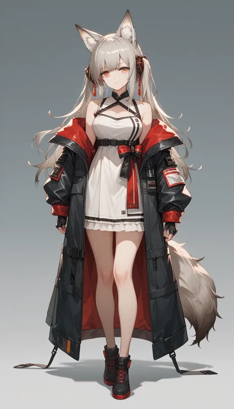 1 girl, solo, front view, reference pose, full body, arms angled downwards, Arknights style, color scheme is black and red and white, grey eyes, fluffy fox ears and a fluffy fox tail, dress with jacket over it