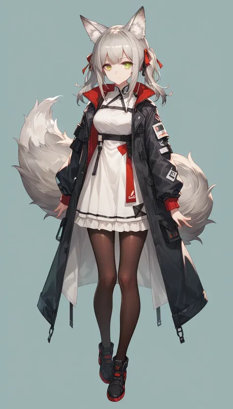 1 girl, solo, front view, reference pose, full body, arms angled downwards, Arknights style, color scheme is black and red and white, silver eyes, fluffy fox ears and a fluffy fox tail, dress with jacket over it, pantyhose