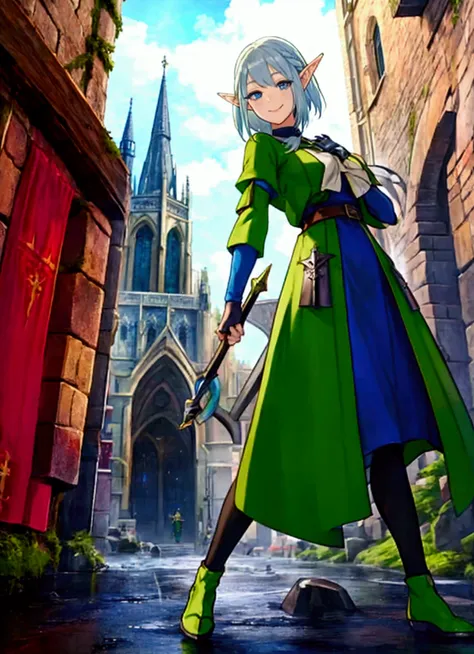 ゲームの表紙のような battle scene、Walking with friends 、 Raging Weather 、Blue and green contrast、 Medieval Streetscape 、cathedral、Full body painting、 dynamic pose, battle scene, character （Green clothing、Rinwell style braided silver short hair,  pointed ears、Elf、 bl...