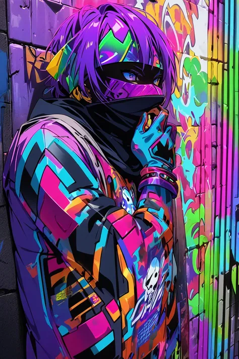 ( best quality ,4K, highres icon)  male character,  leaning against a wall , ninja gloves , purple hair, ninja headband,  mask covering the mouth,  vibrant colors, urban art style, edgy lighting,(( ghostly ninja ))