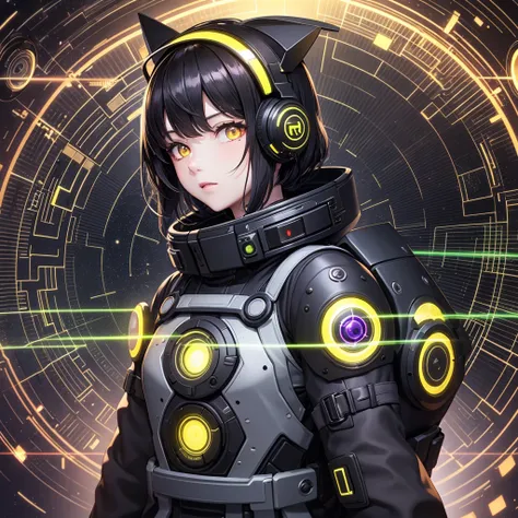 cover selected part onlyfrom future intelligence, technology background, complex mystery, unexpected variables, sudden result, strange things, transient waves, light fog, colorful signals, confident look, space black pioneer dress, yellow eyes, black hair