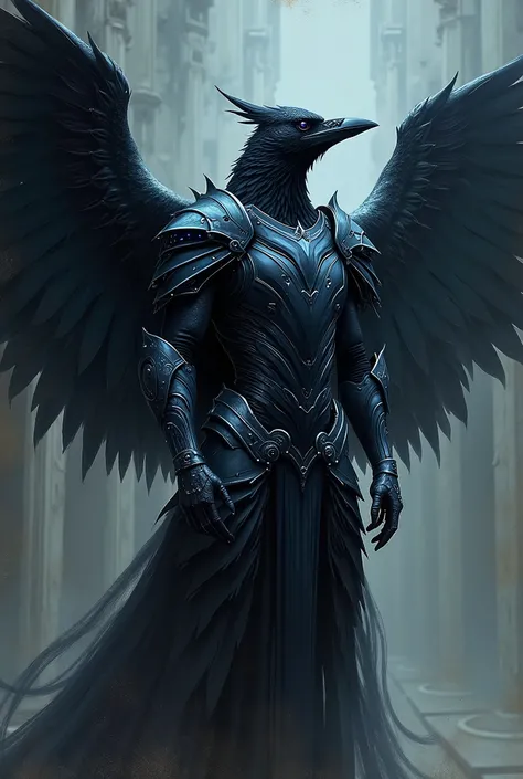 Majestic crow knight in dark, intricately detailed cyber armor, adorned with sharp, metallic feathers and glowing blue circuits, standing proudly with wings spread wide, the dark, gothic style, the mystical, dreamlike quality, with bold, expressive brushst...