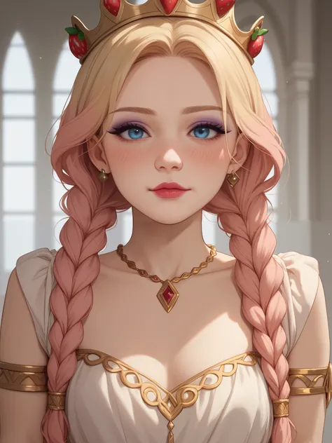 1woman, pretty face, gorgeous blue eyes, strawberry blonde crown braids, loose dress, bright pink blush, blonde adult, 30-years old woman, humble face, confident eyes, has a crush on you, simple white dress, golden bracelets, sleek golden armlets, pale mat...