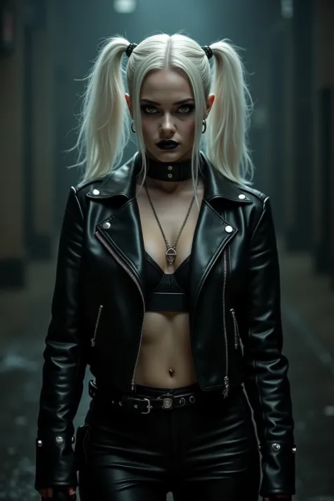 Margot Robbie like Harley Quinn goth all black leather clothes and white hair.  black makeup