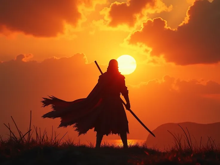 sunset, ninja High resolution, Silhouette, Hyperrealism, 