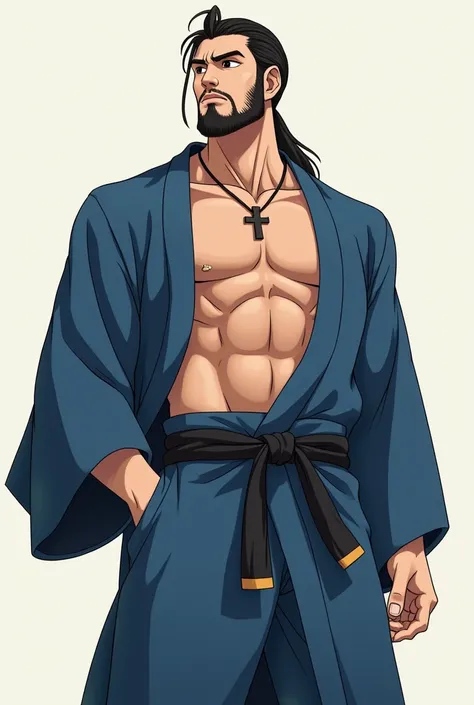 The man in the picture is tall, muscular, and well-proportioned. He wears a blue kimono that doesnt cover his upper chest and a necklace with a cross pendant. He has long hair that is tied loosely behind his back, and he has a beard that makes him look lik...