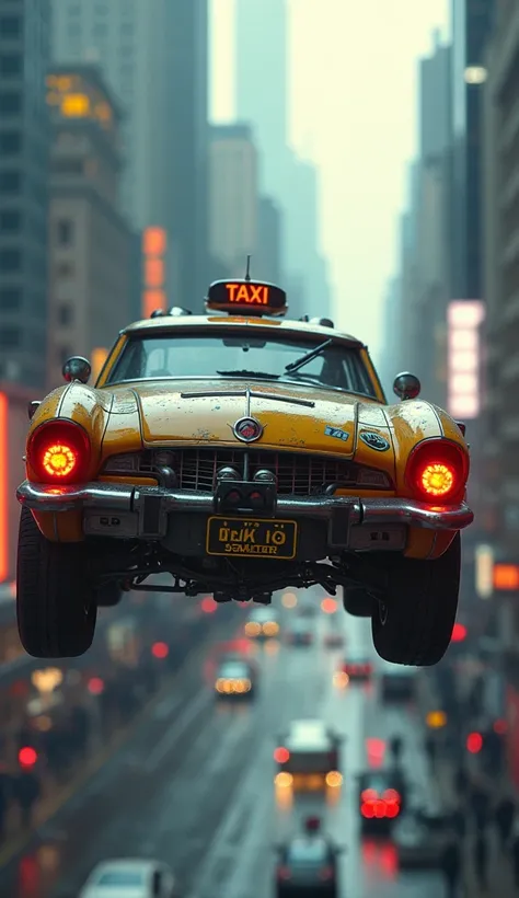 8k, uhd, 4k, ((realistic: 1.5)),((best quality)), ((masterpiece)), A taxi similar to those that circulated in New York in the 80s flies over a cyberpunk city, the taxi is equipped with huge reactors in its rear, mechanical details, neon lights, huge screen...