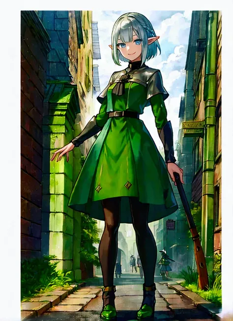 ゲームの表紙のような battle scene、 Retrospective Scene、Walking with friends 、Rainy Weather 、 blue and green contrast、 Medieval Streetscape 、cathedral、Full body painting、 dynamic pose, battle scene, character （Green clothing、Rinwell style braided silver short hair,  ...