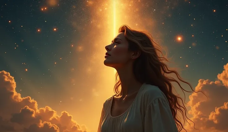 Illustrate a:  Close-up of Deborah on a clear night ,  with the starry sky above .  The light of the moon and the stars creates a golden and orange glow around,  and rays of heavenly light cross the sky ,  illuminating your face .  The textures of the star...