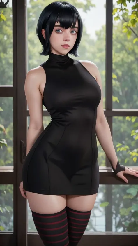 Billie Eilish, Mavis cosplay, sexy smile, looking at viewer, arms behind back, A stunning intricate full color portrait of 20 years old sks woman short black hair, Short bob cut, black dress, Striped socks, epic character composition, (highly detailed skin...