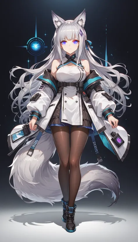 1 girl, solo, no background, front view, reference pose, full body, arms angled downwards, Arknights style, color scheme is black and Purple, silver eyes, fluffy fox ears and a fluffy fox tail, street tech-wear, pantyhose, void themed